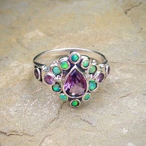 Solid sterling silver amethyst and opal gypsy ring